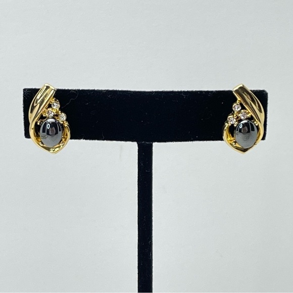 Vintage Hematite Gold Tone Crystal Peirced Earrings - Picture 5 of 7